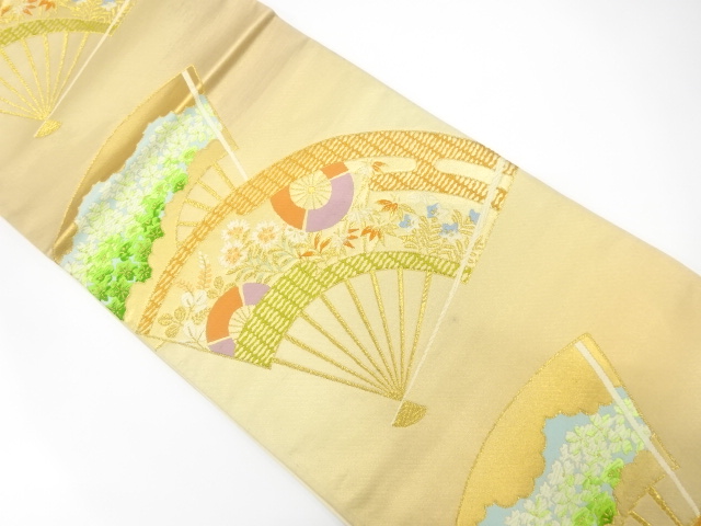 JAPANESE KIMONO / ANTIQUE FUKURO OBI / SILK / WOVEN FOLDING FAN & SAKURA & NADESHIKO